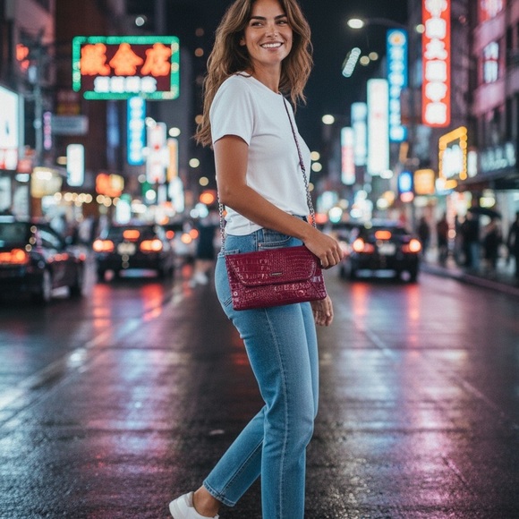 Burgundy Croc-Embossed Chain Strap Bag - Picture 4 of 12